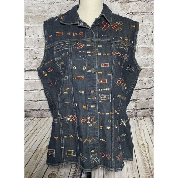 Chicos Women’s Denim Jean Vest Aztec Style Size 2  - US Size M - Picture 1 of 6